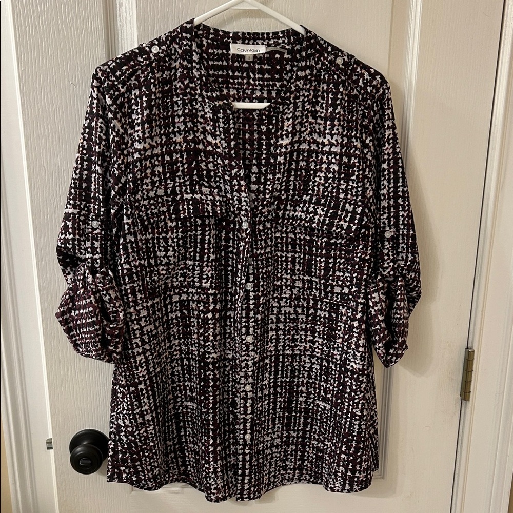 Calvin Klein Black, Brown and White Checkered Blouse
